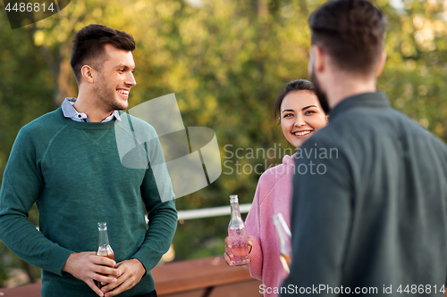 Image of happy friends with drinks at rooftop party