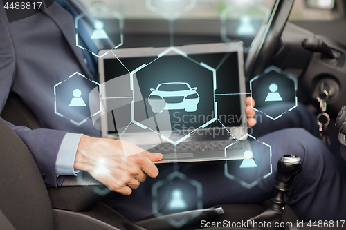 Image of businessman with laptop and car sharing icons