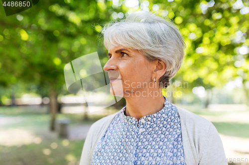 Image of portrait of senior woman at summer park