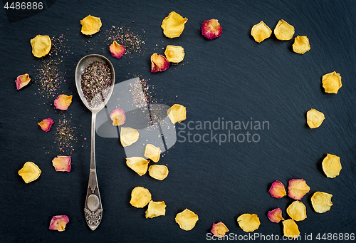 Image of Floral tea and rose petals frame