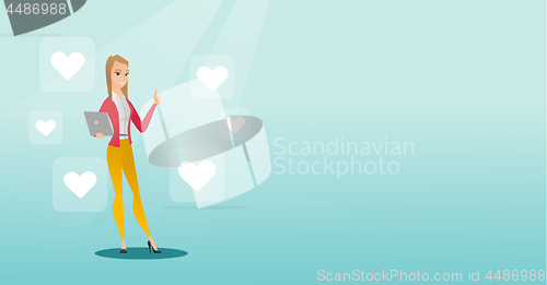 Image of Woman with laptop and heart icons.