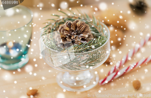 Image of christmas fir decoration with cone in dessert bowl