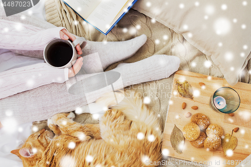 Image of woman with coffee and cat in bed over snow