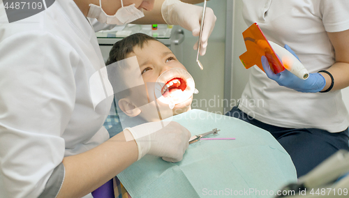 Image of Orthodontist examining boy mouth