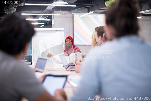 Image of Muslim businesswoman giving presentations at office