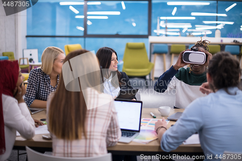 Image of Young Multiethnic Business team using virtual reality headset