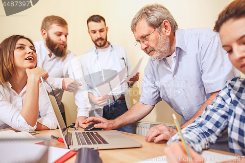 Image of Team job. Photo young businessmans working with new project in office