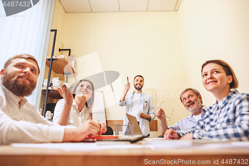 Image of Team job. Photo young businessmans working with new project in office