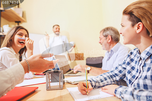 Image of Team job. Photo young businessmans working with new project in office