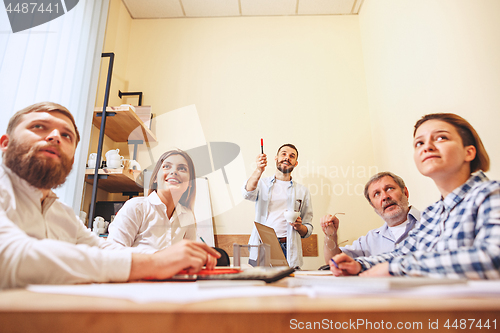 Image of Team job. Photo young businessmans working with new project in office