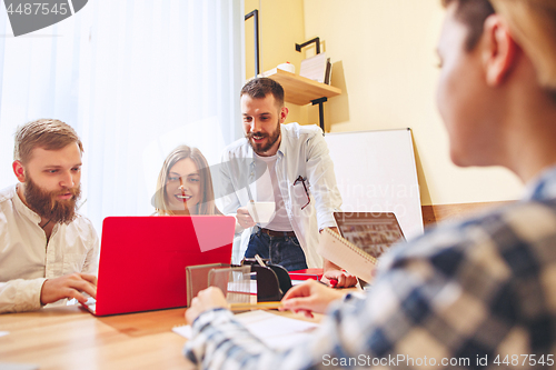 Image of Team job. Photo young businessmans working with new project in office