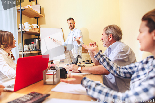 Image of Team job. Photo young businessmans working with new project in office