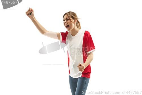 Image of French fan celebrating on white background