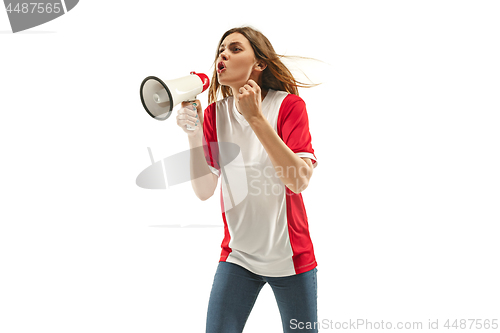 Image of French fan celebrating on white background