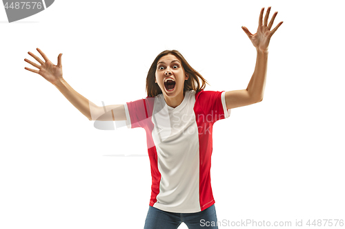 Image of French fan celebrating on white background