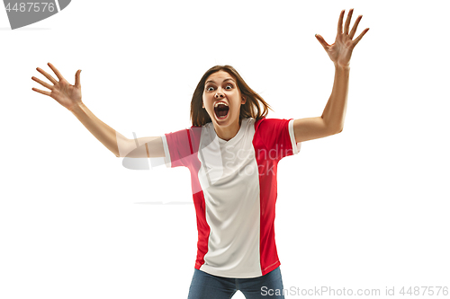 Image of French fan celebrating on white background