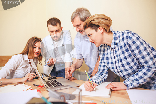 Image of Team job. Photo young businessmans working with new project in office