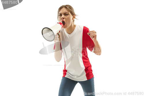 Image of French fan celebrating on white background