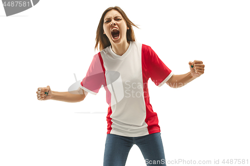 Image of French fan celebrating on white background