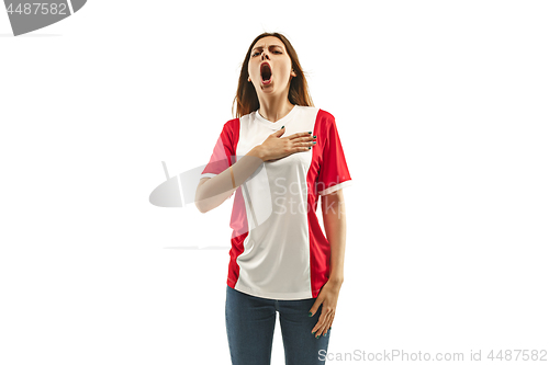 Image of French fan celebrating on white background