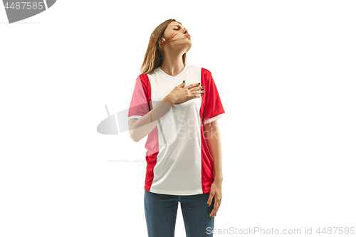 Image of French fan celebrating on white background