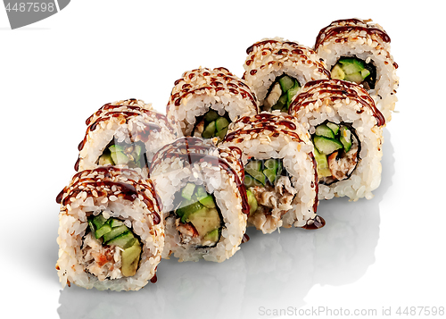 Image of Several pieces of sushi roll california