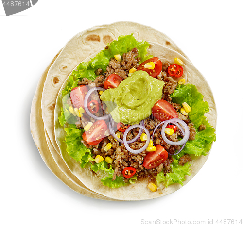 Image of Tortilla wrap with fried minced meat and vegetables