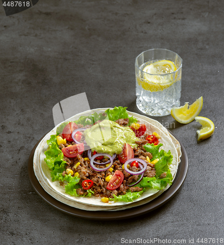 Image of Tortilla wrap with fried minced meat and vegetables