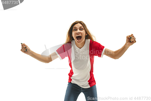 Image of French fan celebrating on white background