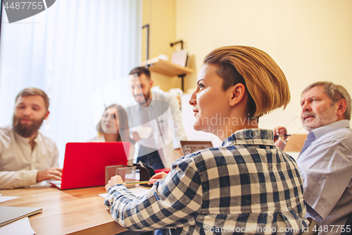 Image of Team job. Photo young businessmans working with new project in office