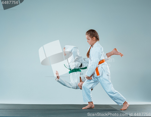 Image of The boy fighting at Aikido training in martial arts school. Healthy lifestyle and sports concept