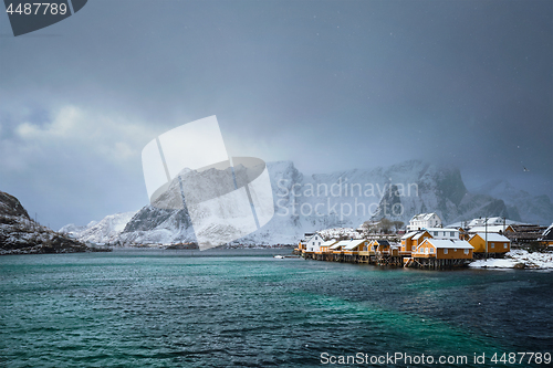 Image of Yellow rorbu houses, Lofoten islands, Norway