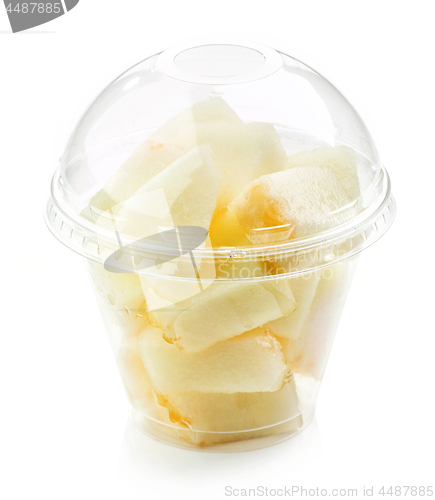 Image of fresh melon pieces salad in plastic cup