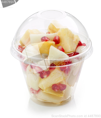 Image of fresh fruit pieces salad in plastic cup