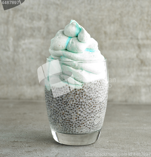 Image of dessert of chia pudding and frozen banana with blue spirulina