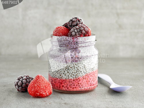 Image of jar of chia pudding with frozen berries