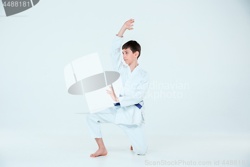 Image of The boy posing at Aikido training in martial arts school. Healthy lifestyle and sports concept