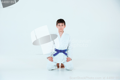 Image of The boy posing at Aikido training in martial arts school. Healthy lifestyle and sports concept