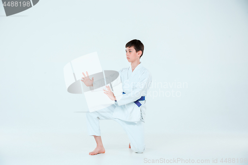 Image of The boy posing at Aikido training in martial arts school. Healthy lifestyle and sports concept