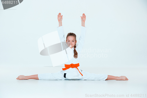 Image of The girl posing at Aikido training in martial arts school. Healthy lifestyle and sports concept