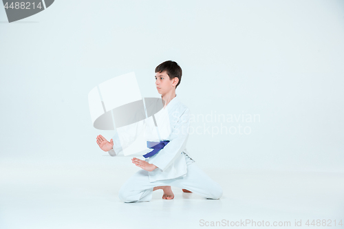 Image of The boy posing at Aikido training in martial arts school. Healthy lifestyle and sports concept