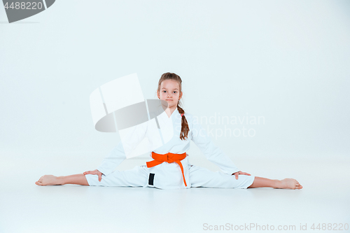 Image of The girl posing at Aikido training in martial arts school. Healthy lifestyle and sports concept