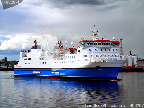 Image of Passenger Cargo Ferry leaving port.