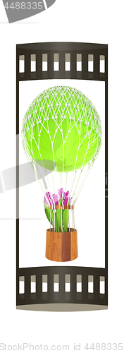 Image of Hot Air Balloon and tulips in a basket. 3d render