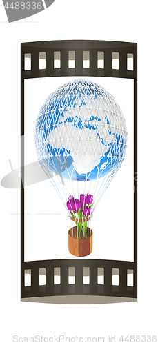 Image of Hot Air Balloon of Earth and tulips in a basket. 3d render