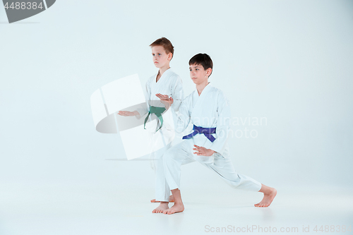 Image of The boys posing at Aikido training in martial arts school. Healthy lifestyle and sports concept