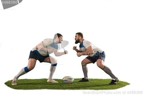 Image of The silhouette of two caucasian rugby man player isolated on white background