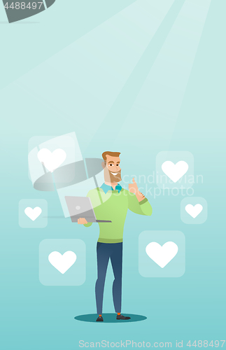 Image of Man with laptop and heart icons.