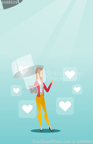 Image of Woman with laptop and heart icons.
