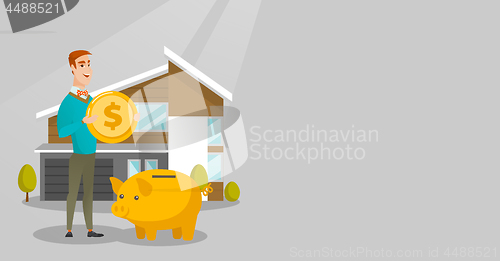 Image of Man saving money in piggy bank for buying house.